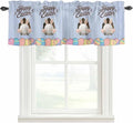 Blue Easter Curtain Valances for Windows, Kitchen Valance Window Treatment, Spring Cartoon Bunny Colorful Eggs Wood Grain Light Filtering Block Curtains for Bathroom/Bedroom/Living Room 54'' x 18''