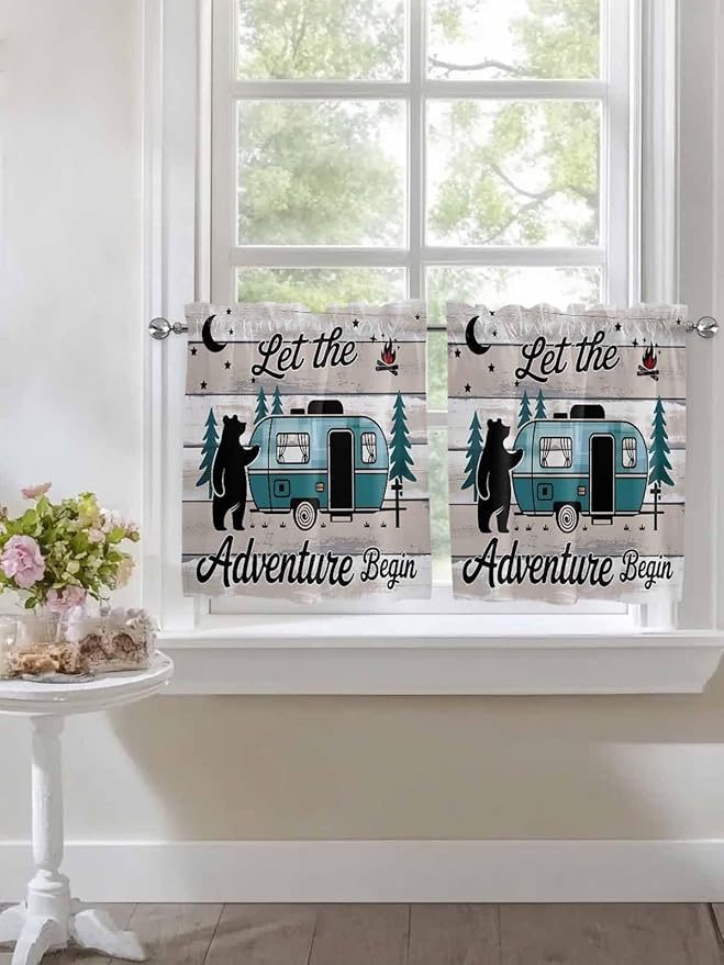 Farmhouse Bear Camper Van Tree Window Valance Curtains, Vintage Wood Grain Light Filtering Kitchen Valance with 3-inch Rod Pocket for Living Room Bathroom Bedroom,2 Panel,27.5x36In