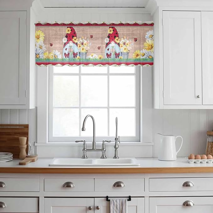 Ladybug Gnome Sheer Valance Curtains, Country Summer Rustic White Yellow Daisy Floral Wood Grain Light Filtering Kitchen Valances Rod Pocket Voile Curtain for Bedroom/Living Room/Basement 42Wx12L
