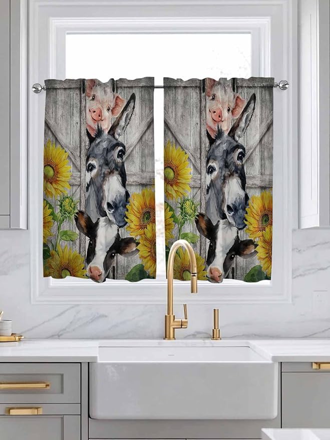 Farmhouse Tier Curtains 45 Inches Long, Vintage Sunflowers Animals Printed Wood Grain Window Treatment Curtain Drapes, Window Half Privacy Curtains for Bedroom Bathroom, 42"x45", 2 Panels