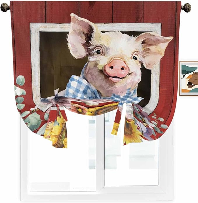 Tie Up Curtains for Windows, Pig Sunflowers Adjustable Balloon Nature Linen Textured Kitchen Curtain, Eucalyptus Leaves Floral Bees Red Barn Room Darkening Curtains for Glass Door, 42 x 45 in