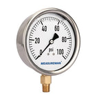 MEASUREMAN 4" Dial Size, Glycerin Filled Plumbing Pressure Gauge, 0-100psi, Stainless Steel Case, 1/4" NPT Lower Mount