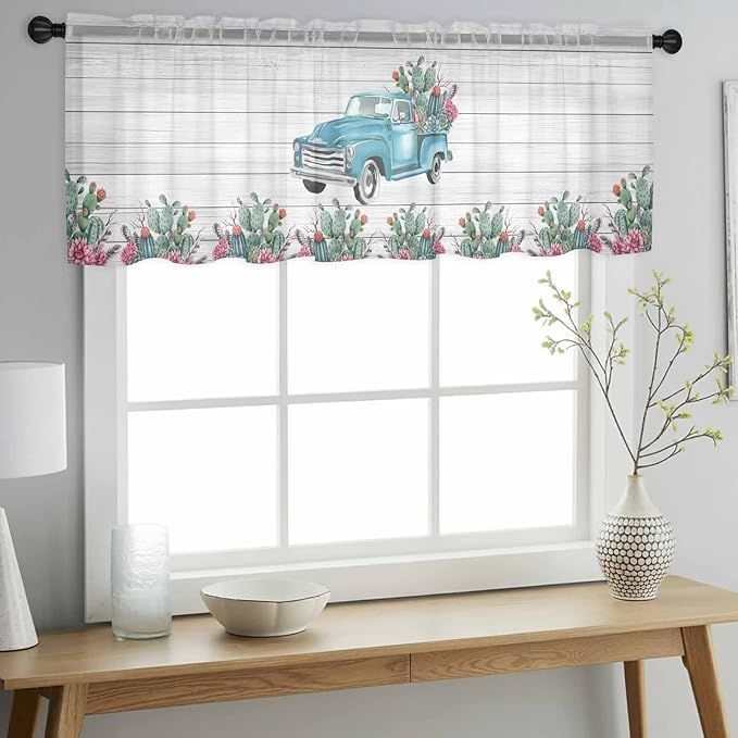 Farmhouse Sheer Valance Curtains, Summer Blue Car with Cactus Succulents Wood Grain Light Filtering Kitchen Valances Rod Pocket Voile Curtain Window Treatment for Bedroom/Living Room/Basement 42Wx12L