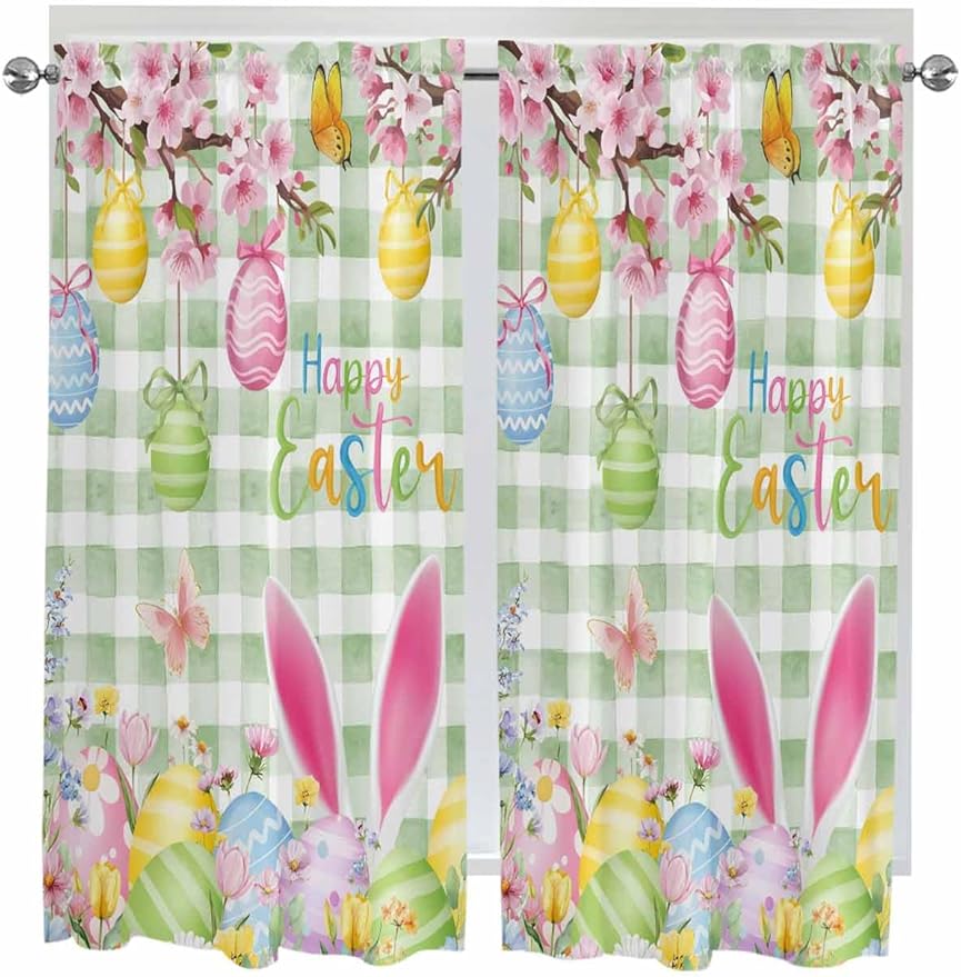 Happy Easter Bedroom Curtains 63 Inches length, Spring Bunny Eggs Flower Sage Green Plaid Window Treatment Curtain Drapes, Rod Pocket Curtain Panels for Living Room Kitchen, 42"x63", 2 Panels