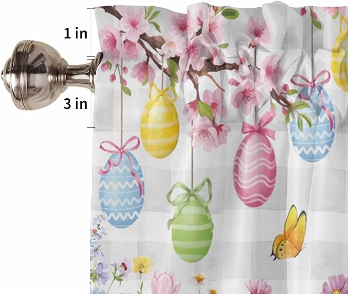 Happy Easter Tier Curtains 45 Inches Long, Spring Watercolor Bunny Eggs Flower Grey Plaid Window Treatment Curtain Drapes, Small Curtain Drapes for Bathroom Laundry Room, 27.5"x45", 2 Panels
