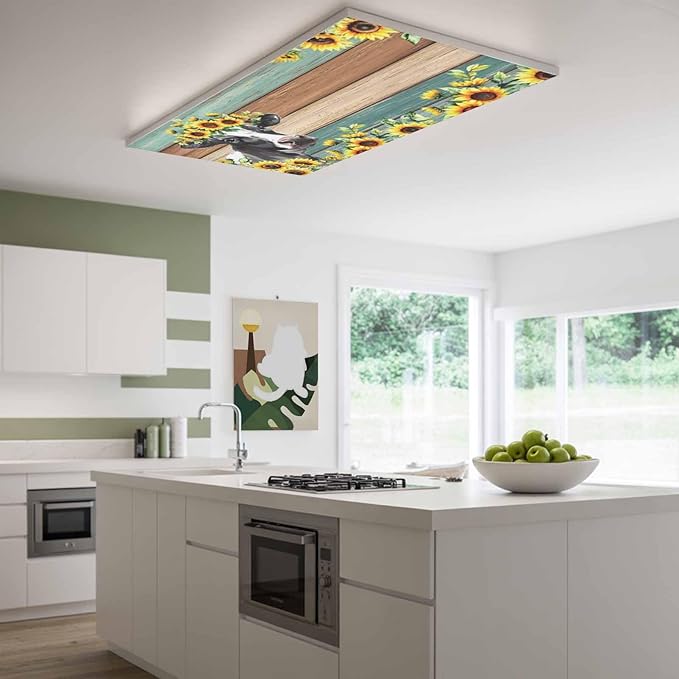 Fluorescent Light Covers Farm Cow Sunflower Magnetic Light Filters Vintage Blue Green Wood Grain Ceiling Light Covers for Classroom Office Home Drop Ceiling Lamp Decor 2 Pieces