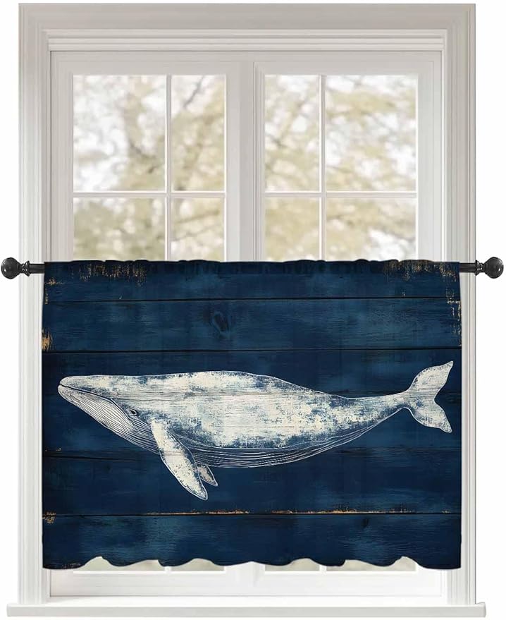 Sheer Curtains 54 Inch Length, Summer Whale Semi Sheer Curtains Light Filtering Window Treatment, Ocean Watercolor Wooden Grain Blue Privacy Voile Drapes for Living Room Bedroom 52x54 Inch