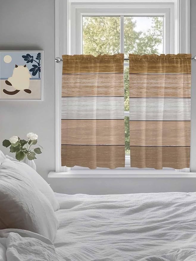 Retro Farm Wood Board Window Valance Curtains, Brown Graduality Striped Light Filtering Kitchen Valance with 3-inch Rod Pocket for Living Room Bathroom Bedroom,2 Panel,52x54In