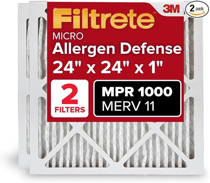 Filtrete 24x24x1, AC Furnace Air Filter MPR 1 MERV 11, Pleated, Allergen Defense, 2-Pack (Exact Dimensions 23.81 x 23.81 x .81)
