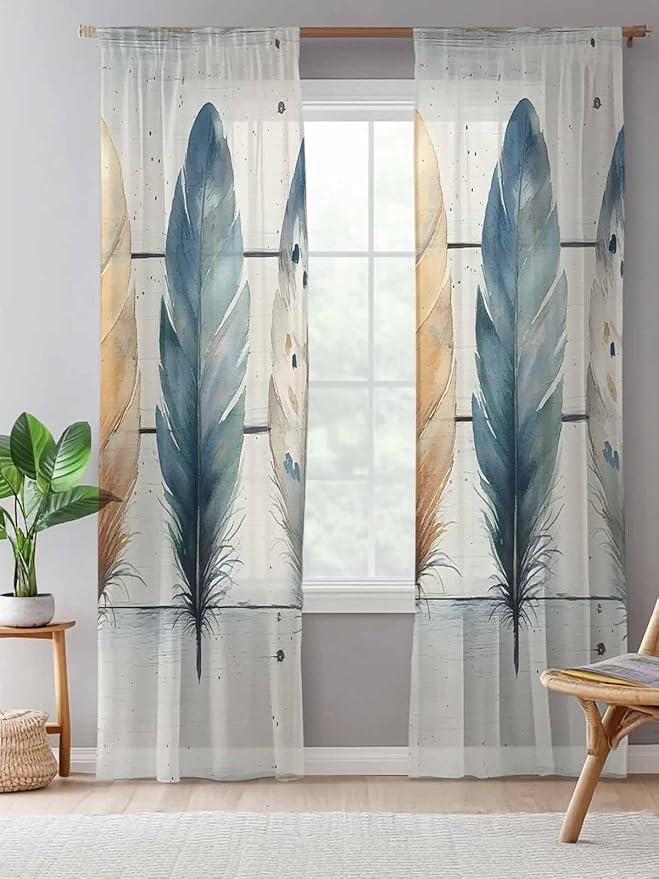 Sheer Curtains 108 Inches Long, Boho Blue Feathers Semi Sheer Curtains Light Filtering Window Treatment, Country Vintage Wooden Grain Privacy Voile Drapes for Living Room Bedroom 52x108 Inch