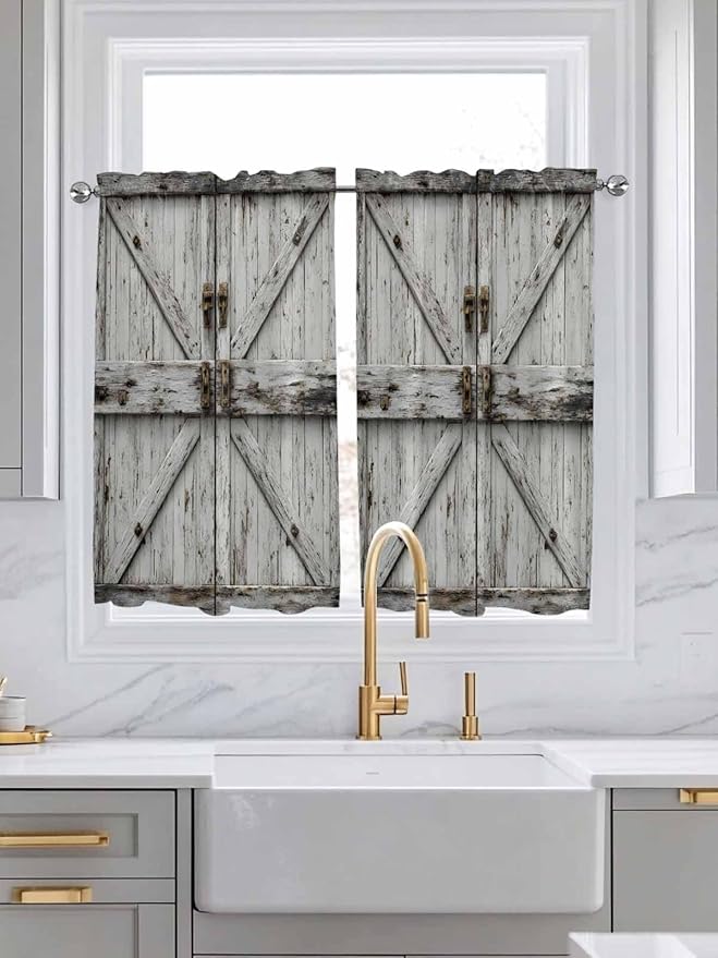 Vintage Gate Kitchen Curtains 54 Inches Length, Farmhouse Wooden Grain Shabby Chic Door Window Treatment Curtain Drapes, Thermal Insulated Drapes for Basement Hotel RV, 42"x54", 2 Panels
