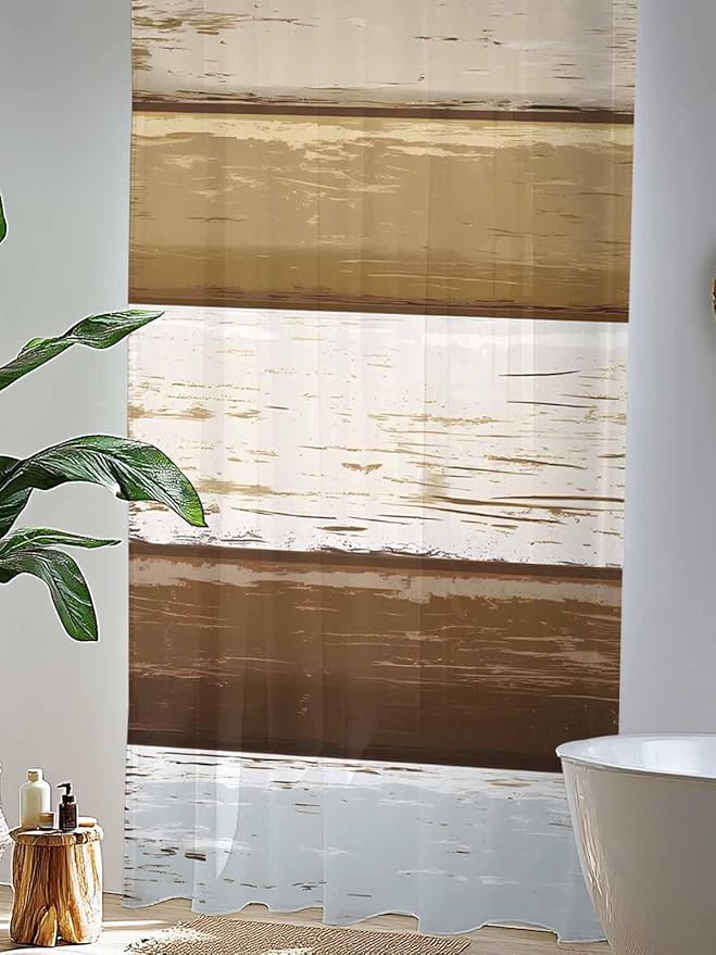 Sheer Curtains 108 Inches Long, Wood Grain Brown Semi Sheer Curtains Light Filtering Window Treatment, Farmhouse Vintage Country Geometric Privacy Voile Drapes for Living Room Bedroom 52x108 Inch