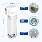 Whole House/RV Water Filter Housing Clear, 10" X 2.5" Inline Sediment Water Filter for RV, Home, Garden, Aquarium, 3/4" NPT Brass Port, R-Type O-Ring, Heavy Duty Bracket, with PP Filter - 1025CBP