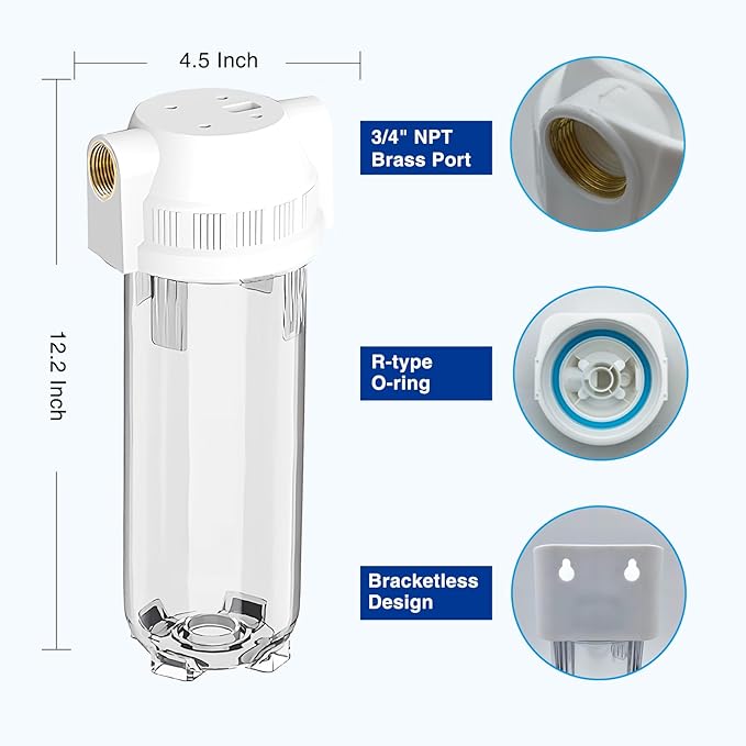 Whole House/RV Water Filter Housing Clear, 10" X 2.5" Inline Sediment Water Filter for RV, Home, Garden, Aquarium, 3/4" NPT Brass Port, R-Type O-Ring, Heavy Duty Bracket, with PP Filter - 1025CBP