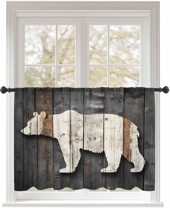 Sheer Curtains 54 Inch Length, Vintage White Brown Bear Semi Sheer Curtains Light Filtering Window Treatment, Retro Country Rustic Wood Grain Privacy Voile Drapes for Living Room Bedroom 52x54 Inch