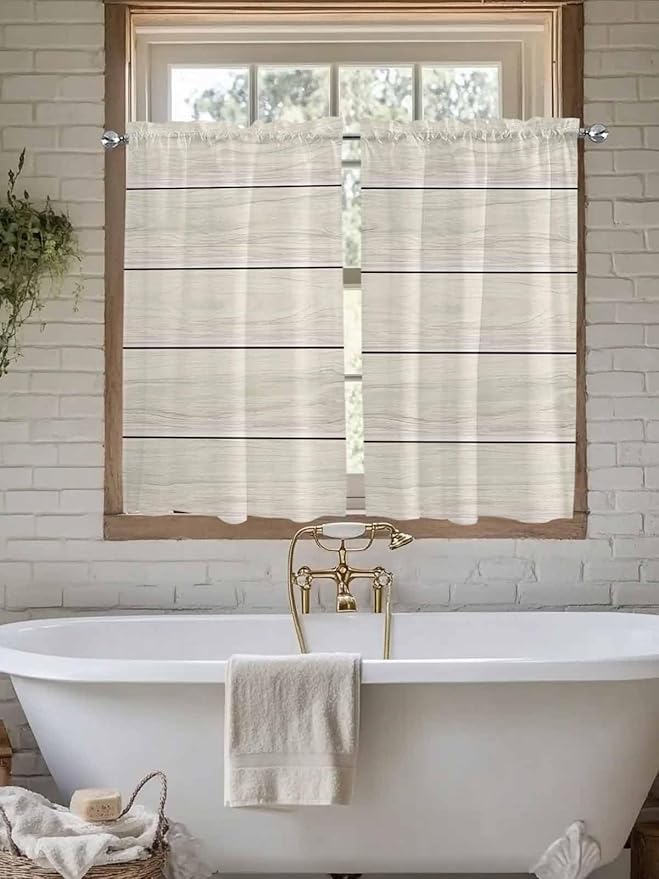 Vintage Country Wooden Board Window Valance Curtains, Gradient Wood Grain Line Light Filtering Kitchen Valance with 3-inch Rod Pocket for Living Room Bathroom Bedroom,2 Panel,27.5x45In