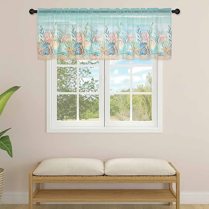 Summer Beach Sheer Valance Curtains, Green Ocean Colorful Coral Shell Seaweed Starfish Sandy Light Filtering Kitchen Valances Rod Pocket Voile Curtain for Bedroom/Living Room/Basement 42Wx12L