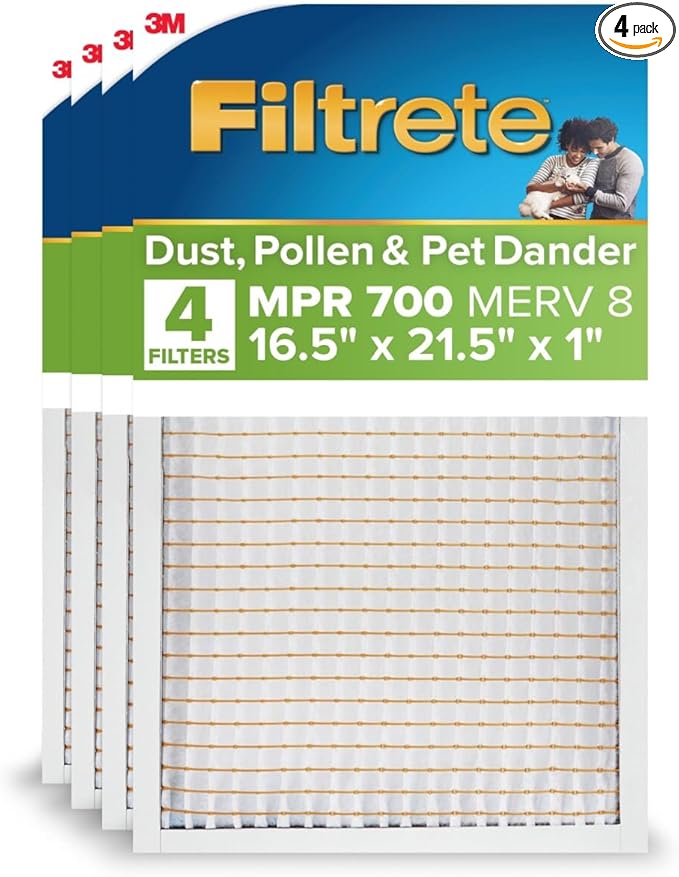 Filtrete 16.5x21.5x1 AC Furnace Air Filter, MERV 8, MPR 700, Tough on Pollen, Easy on Airflow, 3-Month Pleated 1-Inch Electrostatic Air Cleaning Filter, 4-Pack (Actual Size 16.19 x 21.19 x 0.81 in)