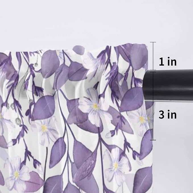 Eucalyptus Leaves Sheer Valance Curtains, Purple Leaves Idyllic Winds Farmhouses Light Filtering Kitchen Valances Rod Pocket Voile Curtain Window Treatment for Bedroom/Living Room/Basement 54Wx18L