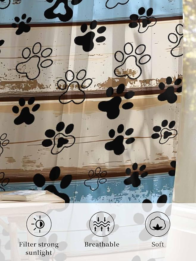 Sheer Curtains 108 Inches Long, Blue Brown Paw Prints Semi Sheer Curtains Light Filtering Window Treatment, Vintage Farmhouse Rustic Wooden Grain Privacy Voile Drapes for Living Room 52x108 Inch