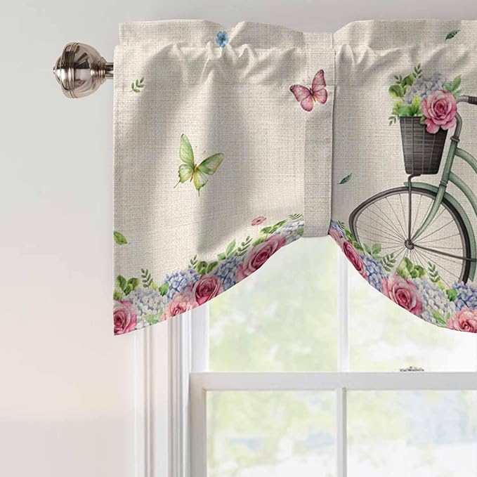 Farmhouse Spring Tie Up Valance Curtains for Windows, Kitchen Curtains Window Shades, Retro Bicycles Flowers Vines Butterfly Light Filtering Roman Curtain Valances for Bedroom/Bathroom/Cafe 42"x12"