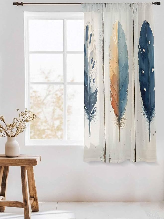 Sheer Curtains 72 Inches Long, Blue Brown Feathers Semi Sheer Curtains Light Filtering Window Treatment, Boho Ombre Vintage Wooden Grain Privacy Voile Drapes for Living Room Bedroom 52x72 Inch