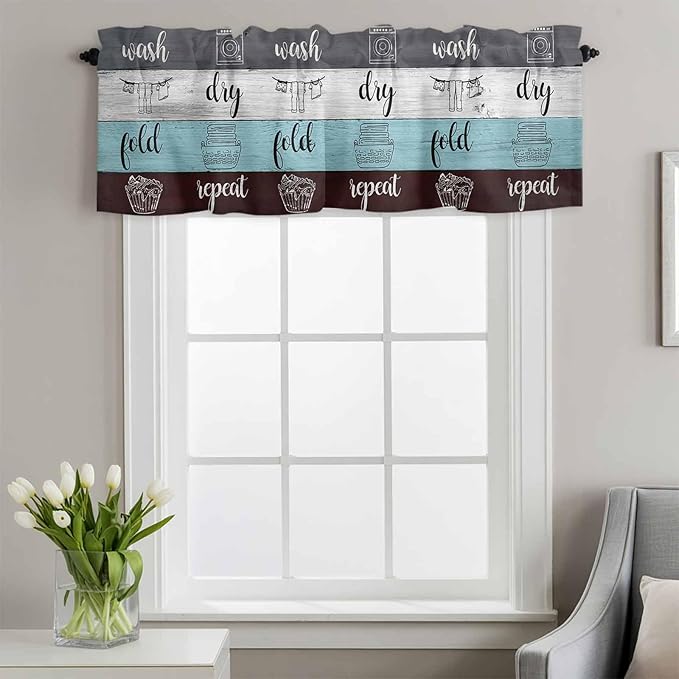 Laundry Rules Valances for Windows, Retro Blue White Wood Board Grain Kitchen Valance Light Filtering Rod Pocket Short Curtains for Kitchen Bathroom, 1 Panel, 60"x14"