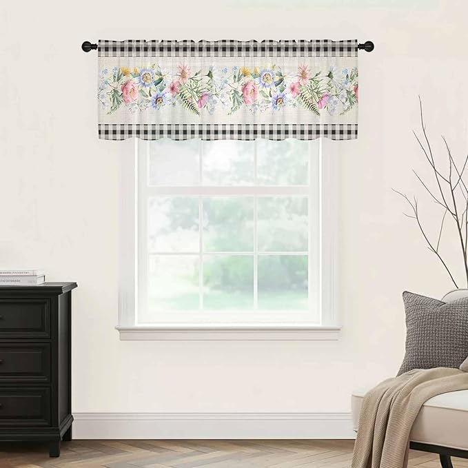 Blue Pink Floral Sheer Valance Curtains, Spring Summer Botanical Linen Black Plaid Light Filtering Kitchen Valances Rod Pocket Voile Curtain Window Treatment for Bedroom/Living Room/Basement 42Wx12L