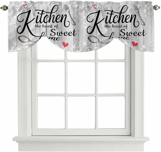Kitchen Knife Fork Tie Up Valance Curtains for Windows, Kitchen Curtains Window Shades, Vintage Love Heart Grey Wood Grain Light Filtering Roman Curtain Valances for Bedroom/Bathroom/Cafe 60"x18"