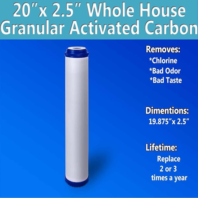 Standard Whole House Coconut Shell Granular Activated Carbon Water Filter 20” x 2.5” Fits 20” x 2.5” Housings. Remove Chlorine and Bad Odor. Compatible with EP-20, HX-CB-25-2010, F3WCB32 Pack of 4