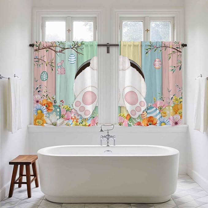 Easter Kitchen Curtains 54 Inch Long 2 Panel Set, Rod Pocket Window Curtains Panels, Spring Colorful Bunny Eggs Flower Wood Grain Light Filtering Privacy Draperies for Bedroom Laundry 42"W x 54"L