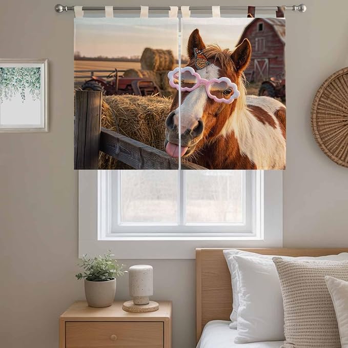 Farm Horses Bedroom Curtains 63 Inch Length, Window Curtains Tab Top, Farmhouse Barn Funny Animals Butterfly Light Filtering Window Treatments Drapes 42"x63" 2 Panel