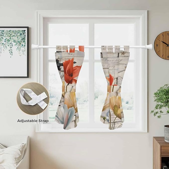 Retro Floral Kitchen Curtains 45 Inch Length, Short Cafe Window Curtains Tab Top, Red Yellow Tulips Barm Doors Farmhouse Wooden Light Filtering Window Treatments Tier Drapes 27.5"x45" 2 Panel