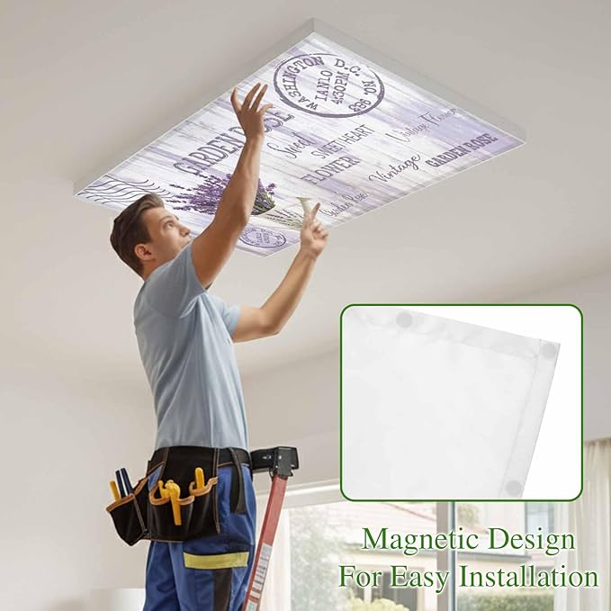 Fluorescent Light Covers for Ceiling Lights Lavender Flower Magnetic Light Filters 1 Pack 4x2 ft Watering Can Purple Old Postcard Wood Ceiling Lights Cover for Classroom Office School Drop Lamp Decor
