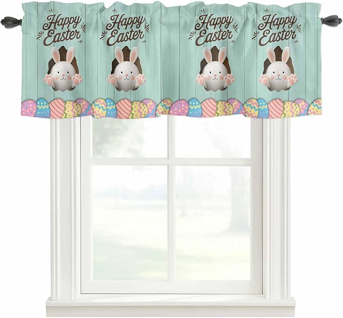 Green Easter Curtain Valances for Windows, Kitchen Valance Window Treatment, Spring Cartoon Bunny Colorful Eggs Wood Grain Light Filtering Block Curtains for Bathroom/Bedroom/Living Room 42'' x 12''