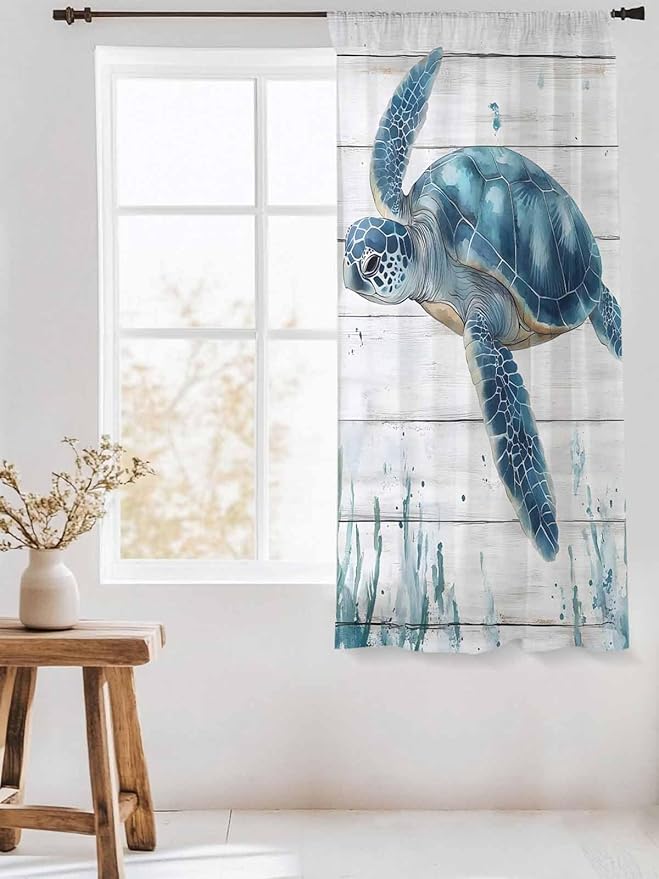Sheer Curtains 72 Inches Long, Teal Green Ocean Turtle Semi Sheer Curtains Light Filtering Window Treatment, Coastal Seaweed Wood Grain Privacy Voile Drapes for Living Room Bedroom 52x72 Inch