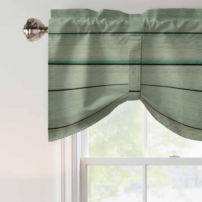 Daisy Flower Tie Up Valance Curtains for Windows, Kitchen Curtains Window Shades, Modern Art Floral Farmhouse Teal Wooden Grain Light Filtering Roman Curtain Valances for Bedroom/Bathroom/Cafe 60"x18"
