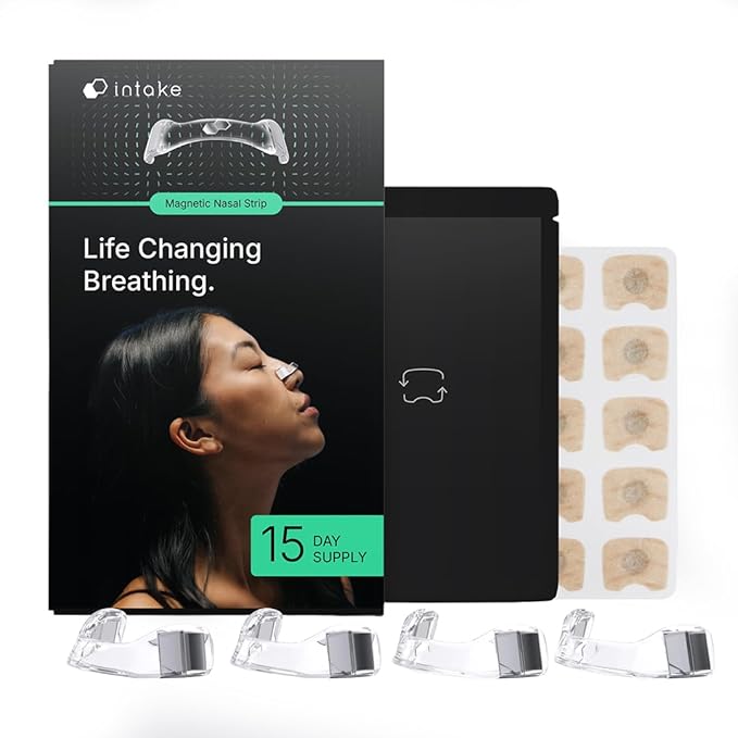 Intake Breathing Magnetic Nasal Strips Starter Kit (15 Count, Clear) - Boost Oxygen Intake, Reduce Snoring, Improve Sleep Quality - Sweat Resistant, Nasal Strips - Extra Strength Snoring Solution