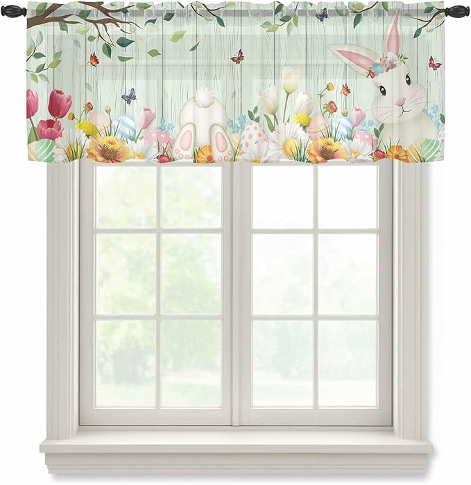 Easter Sheer Valances for Windows 42"x12", Light Filtering Kitchen Curtains Valance, Spring Watercolor Bunny Eggs Tulip Wooden Grain Teal Rod Pocket Chiffon Curtains for Living Room Bedroom Cafe