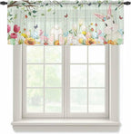 Easter Sheer Valances for Windows 60"x18", Light Filtering Kitchen Curtains Valance, Spring Watercolor Bunny Eggs Tulip Wooden Grain Teal Rod Pocket Chiffon Curtains for Living Room Bedroom Cafe