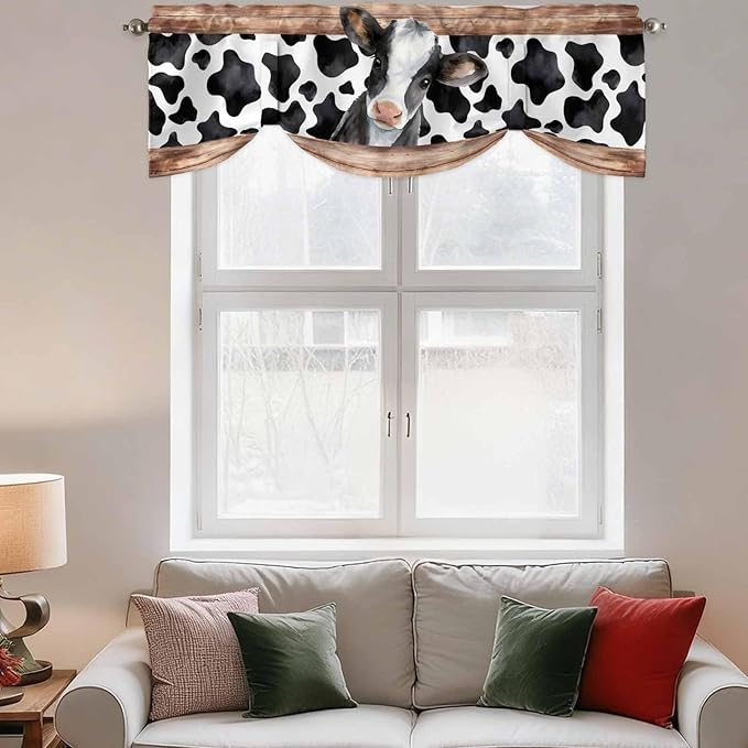 Cow Printed Tie Up Valance Curtains for Windows, Kitchen Curtains Window Shades, Farmhouse Watercolor Country Wooden Grain Light Filtering Roman Curtain Valances for Bedroom/Bathroom/Cafe 54"x18"