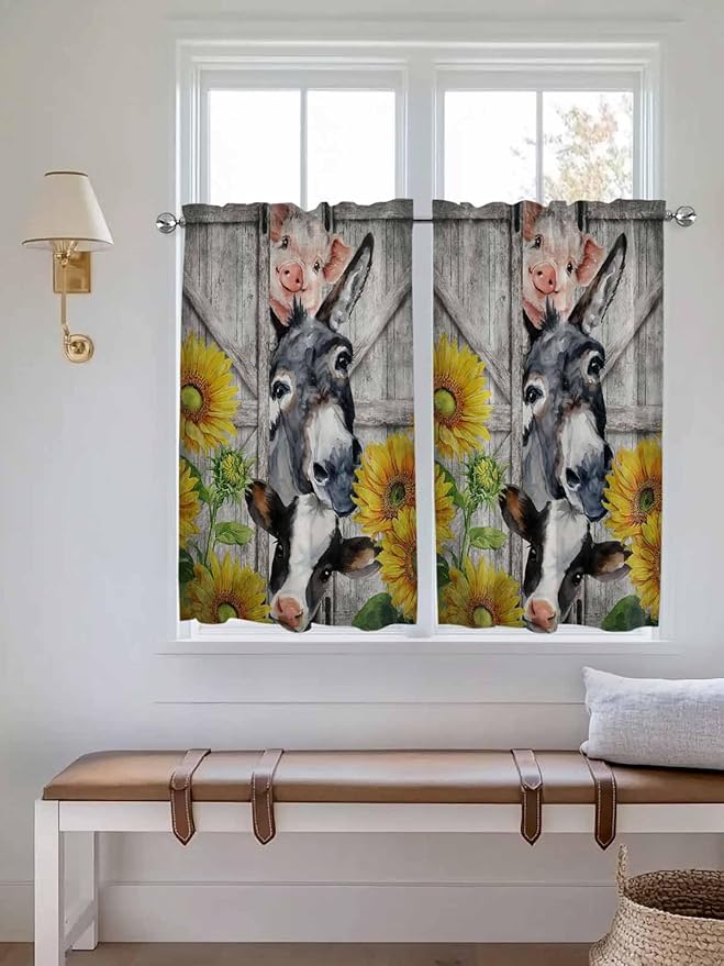 Farmhouse Kitchen Curtains 54 Inches length, Vintage Sunflowers Animals Printed Wood Grain Window Treatment Curtain Drapes, Thermal Insulated Drapes for Basement Hotel RV, 42"x54", 2 Panels