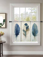Sheer Curtains 54 Inch Length, Boho Blue Feathers Semi Sheer Curtains Light Filtering Window Treatment, Farmhouse Vintage Wooden Grain Privacy Voile Drapes for Living Room Bedroom 52x54 Inch