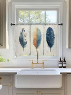 Sheer Curtains 54 Inch Length, Blue Brown Feathers Semi Sheer Curtains Light Filtering Window Treatment, Boho Ombre Vintage Wooden Grain Privacy Voile Drapes for Living Room Bedroom 52x54 Inch