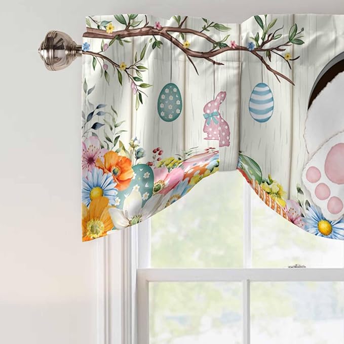 Easter Tie Up Valance Curtains for Windows, Kitchen Curtains Window Shades, Spring Farmhouse Watercolor Bunny Eggs Wood Grain Light Filtering Roman Curtain Valances for Bedroom/Bathroom/Cafe 42"x18"