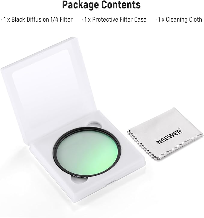 NEEWER 49mm Black Diffusion 1/4 Filter Dreamy Soft Cinematic Effect Filter Ultra Slim Water Repellent Scratch Resistant Optical Glass Multiple Nano Coatings for Video/Vlog/Portrait Photography