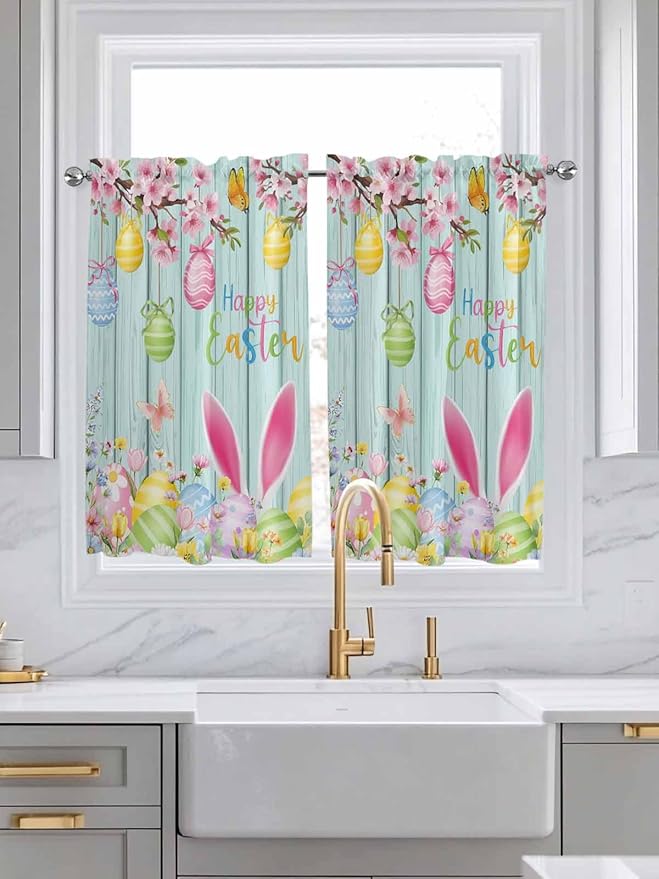 Happy Easter Tier Curtains 45 Inches Long, Spring Bunny Eggs Flower Teal Wood Grain Window Treatment Curtain Drapes, Small Curtain Drapes for Bathroom Laundry Room, 27.5"x45", 2 Panels