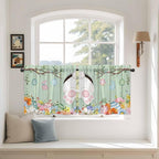 Easter Kitchen Tier Curtains 36 Inch Long 2 Panel Set,Rod Pocket Half Window Curtains Over Sink,Spring Watercolor Bunny Eggs Wooden Grain Green Light Filtering Short Drapes Cafe 27.5"W x 36"L