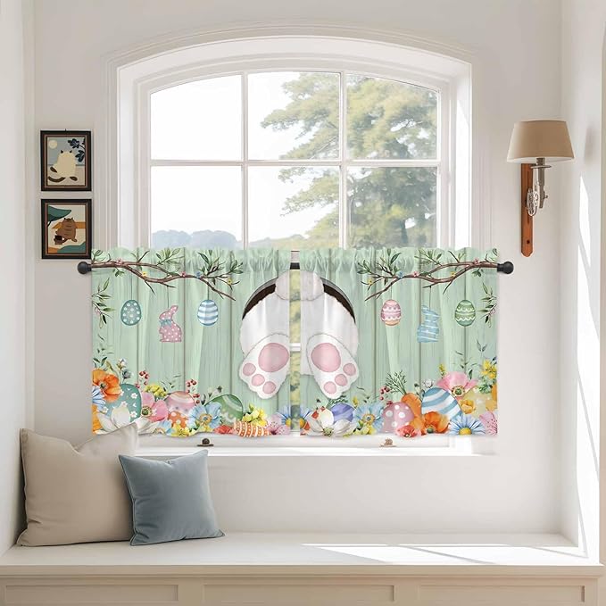Easter Kitchen Tier Curtains 24 Inch Long 2 Panel Set,Rod Pocket Cafe Small Window Curtains Over Sink,Spring Watercolor Bunny Eggs Wooden Grain Green Light Filtering Short Drapes 27.5"W x 24"L