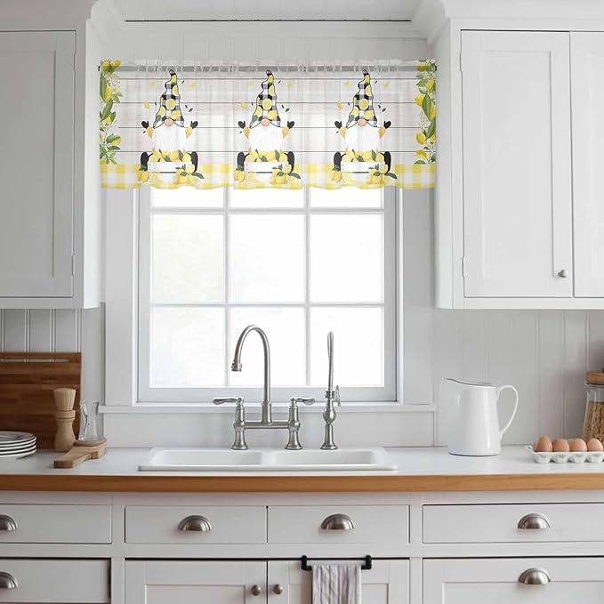 Lemon Dwarfs Sheer Valance Curtains, Gnome Green Leaf Wood Striped Black Plaid Light Filtering Kitchen Valances Rod Pocket Voile Curtain Window Treatment for Bedroom/Living Room/Basement 42Wx12L